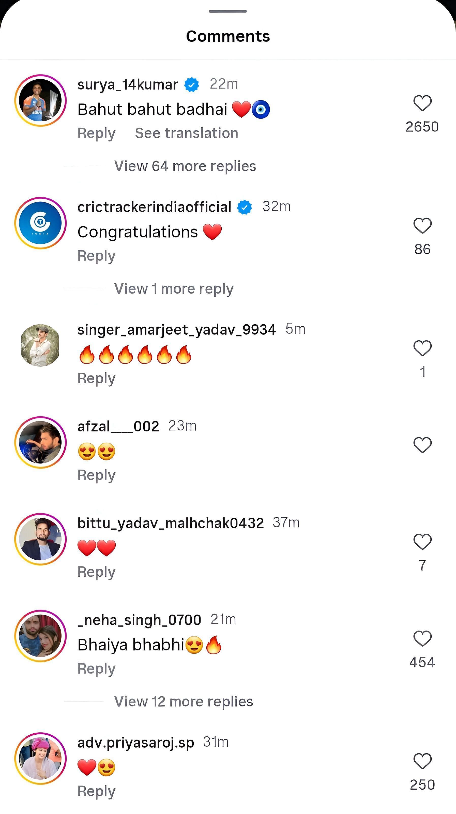 Screenshot of Suryakumar Yadav's comment - Source: Suryakumar Yadav/IG